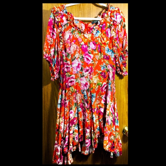 ICONS Objects of Devotion Floral Dress puff sleeve Red Pink Ruffle Neckline Hem - Picture 8 of 15